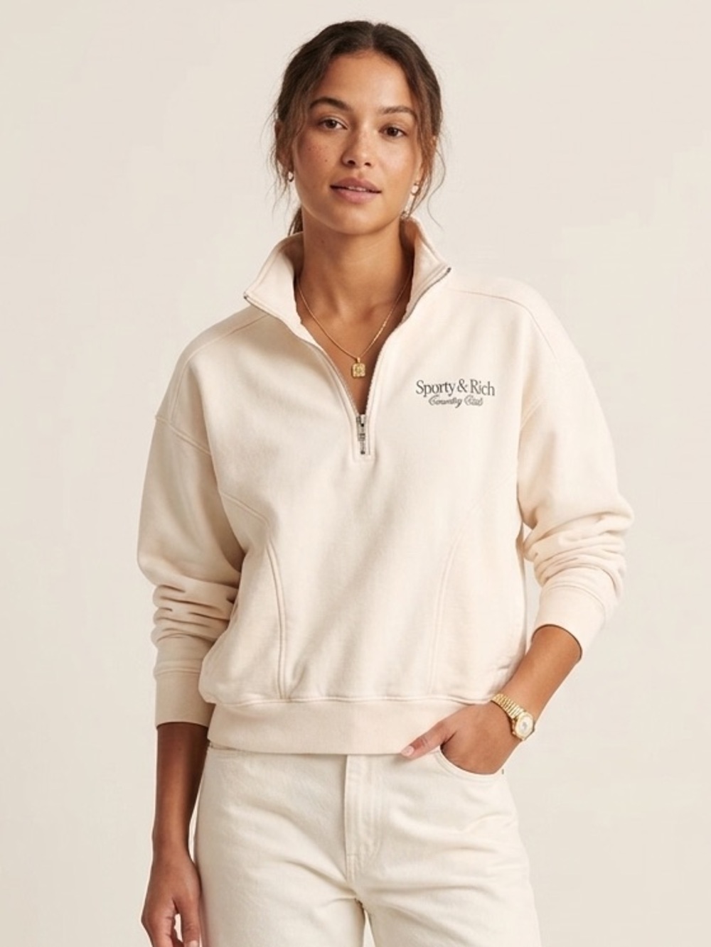 SPORTY & RICH Cream Country Club Quarter Zip
Sweatshirt Size Large - Picture 1 of 8